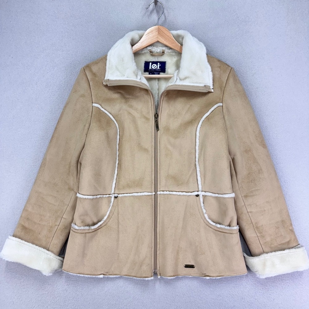 Vintage Y2K‎ L.E.I Penny Lane Coat Womens M Tan Faux Suede Lined Boho Full Zip